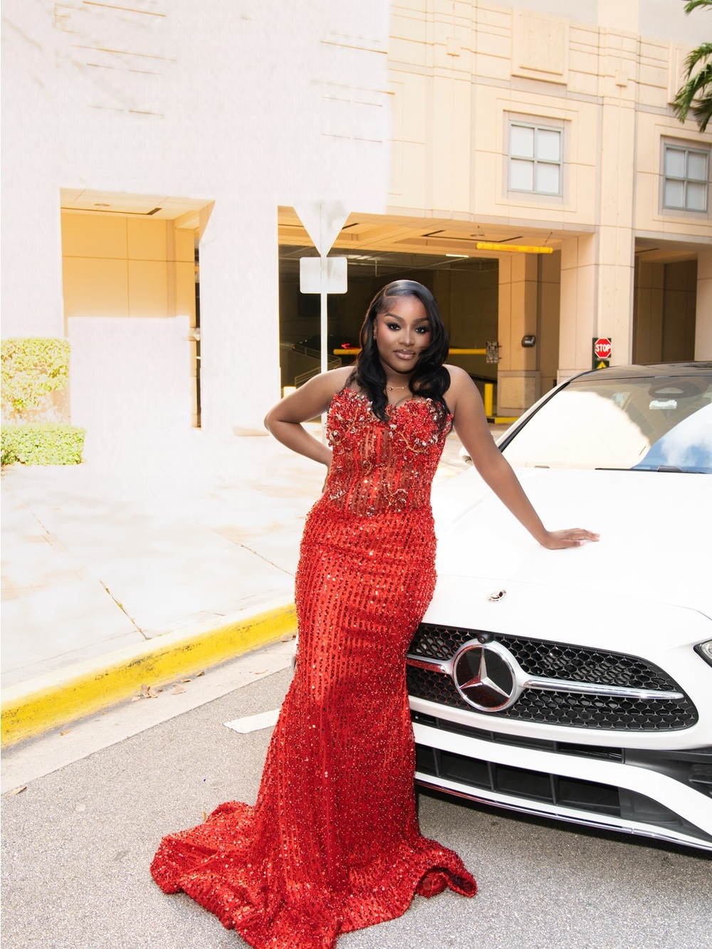 Red Sequined Strapless Prom Gown